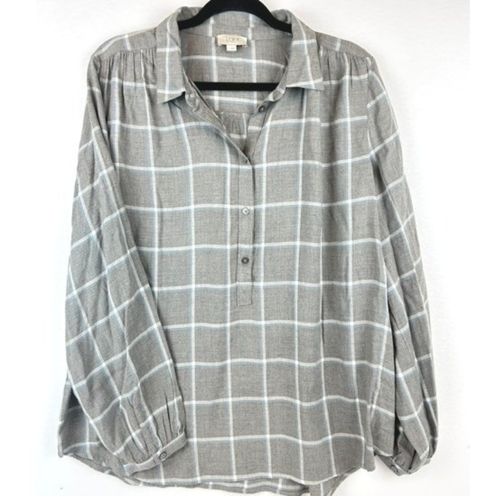 LOFT Outlet Blouse Grey Plaid Button Up Long Sleeve Women Large